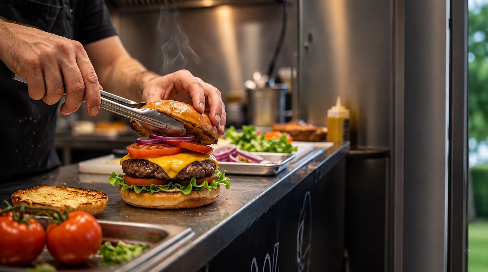 Przygotowanie burgera Piano Burger na grillu