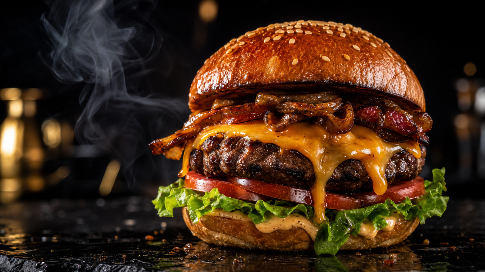 Premium burger Piano Burger na ciemnym tle z dramatycznym oświetleniem