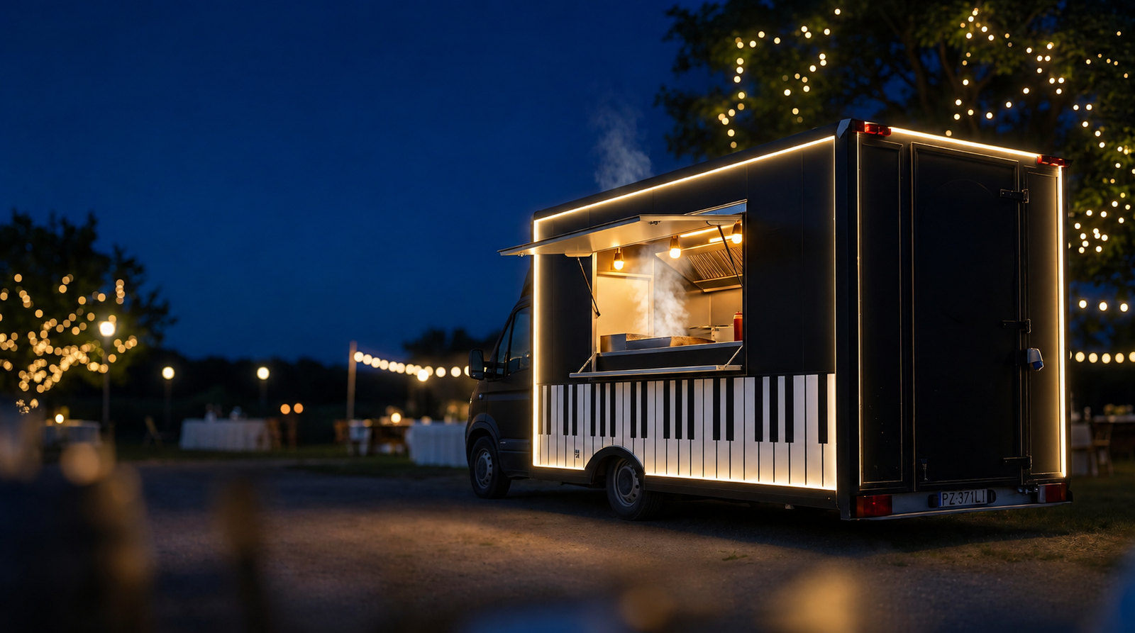Food truck Piano Burger z klawiaturą pianina nocą