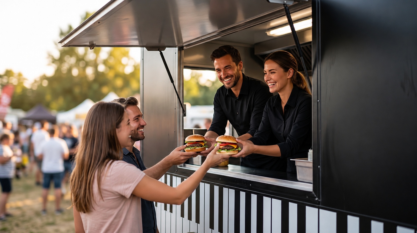 Wydawanie burgerów klientom z food trucka Piano Burger